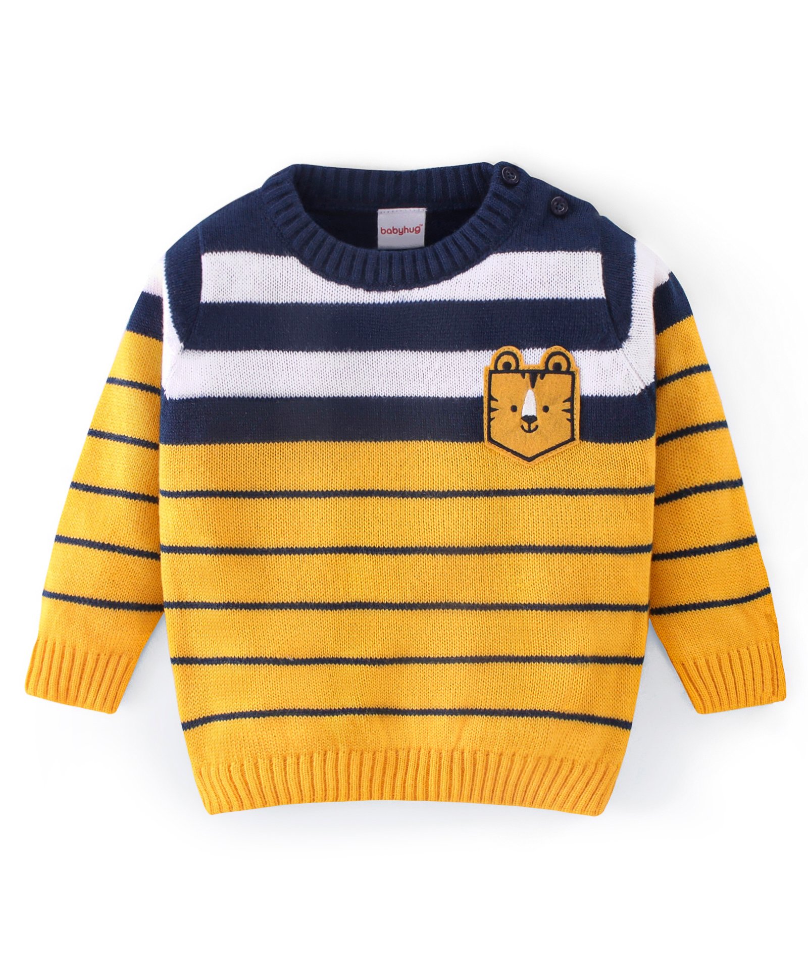 Babyhug 100% Acrylic Knit Full Sleeves Striped Sweater - Yellow & Navy Blue-image-34