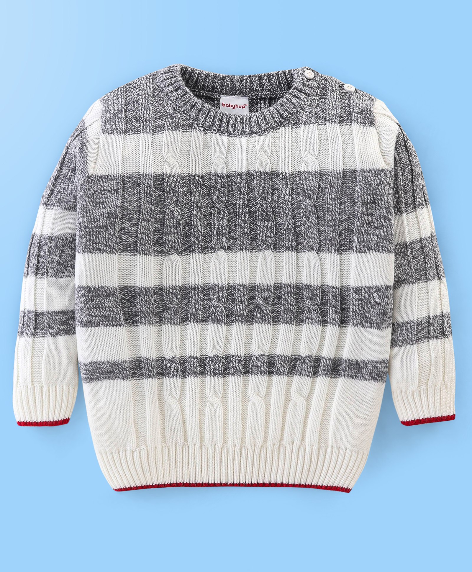 Babyhug 100% Acrylic Knit Full Sleeves Stripe Print Sweater - White & Grey-image-17