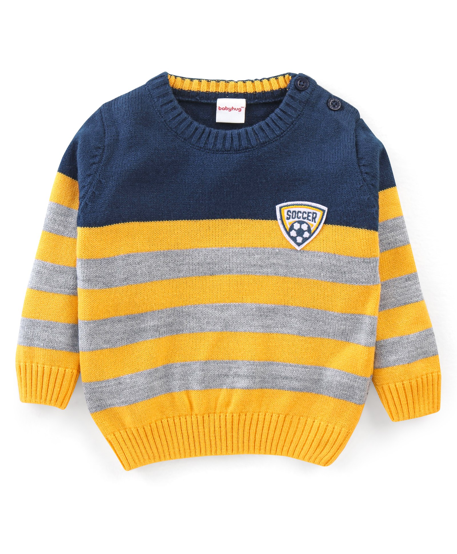 Babyhug 100% Acrylic Knit Full Sleeves Sweater With Striped & Soccer Badge - Blue & Yellow-picture-14