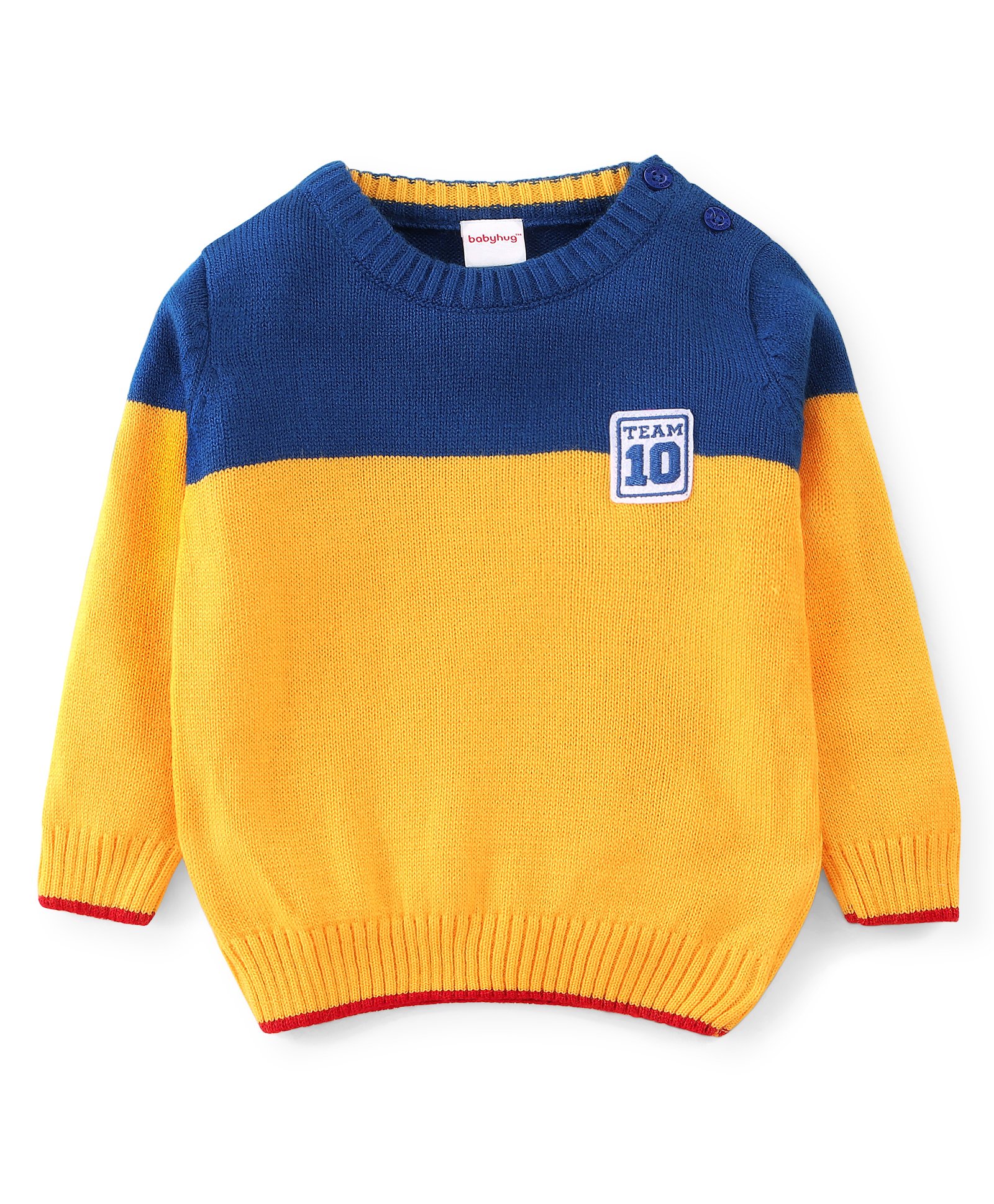 Babyhug 100% Acrylic Knit Full Sleeves Pullover Sweater With Patch - Yellow & Navy Blue-image-23