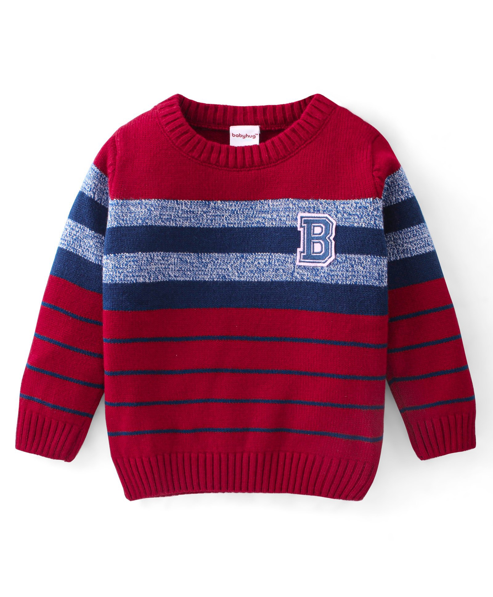 Babyhug 100% Acrylic Knit Full Sleeves Pullover Sweater Striped & B Embroidery - Red & Navy Blue-image-38