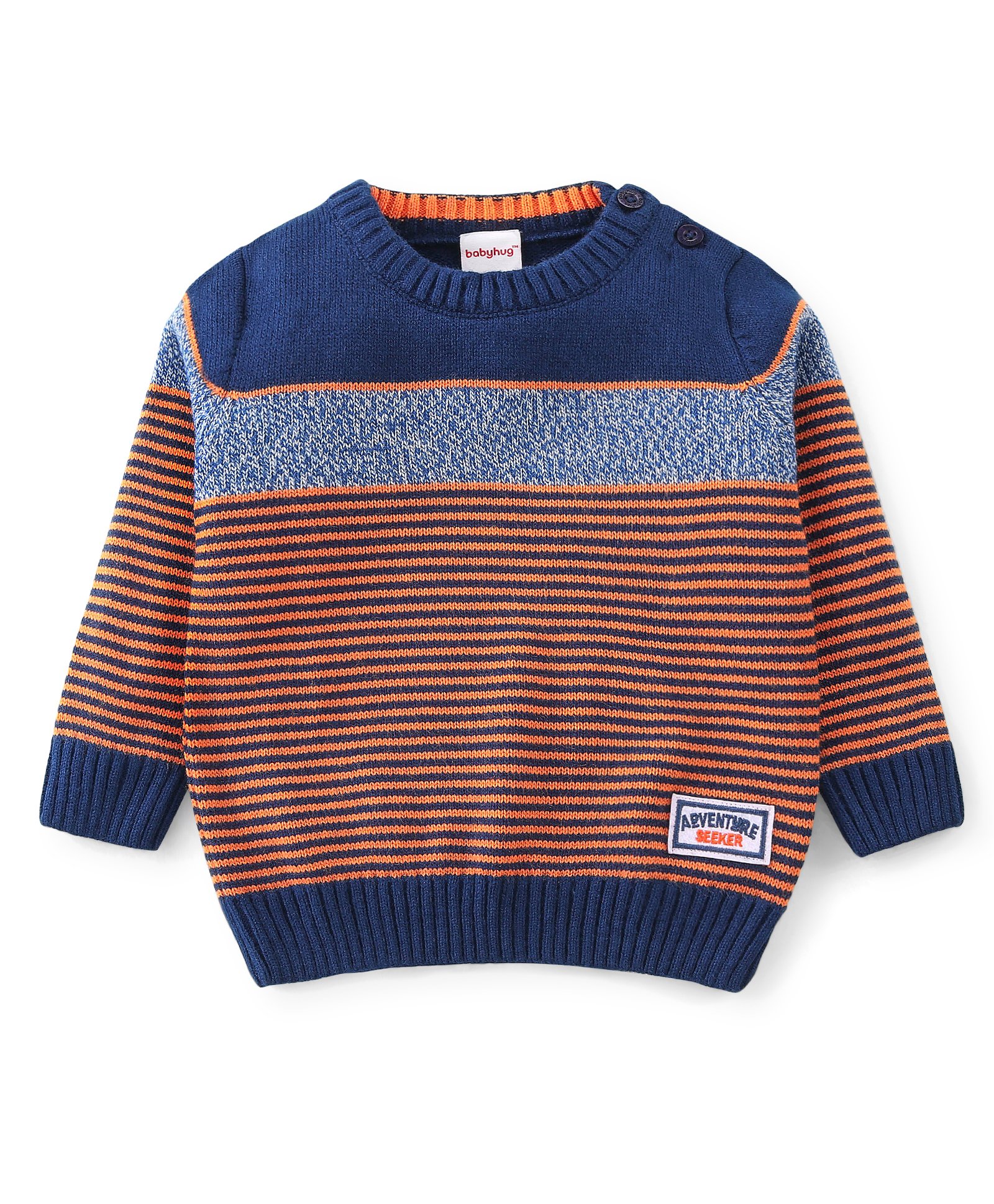 Babyhug 100% Acrylic Knit Full Sleeves Pullover Sweater With Patch - Orange & Navy Blue-image-37