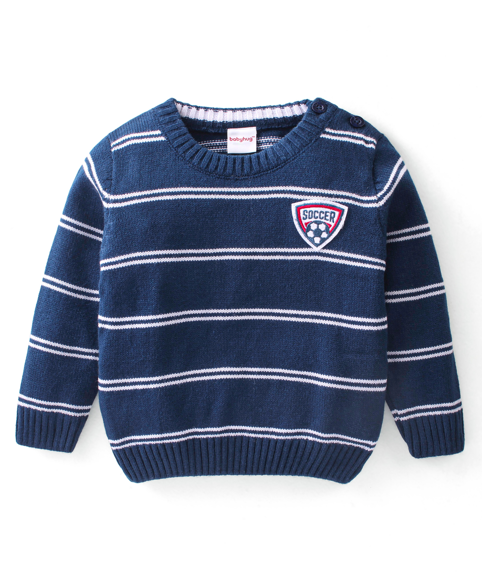 Babyhug 100% Acrylic Full Sleeves Sweater Stripes Design With Badge- Navy Blue-picture-38