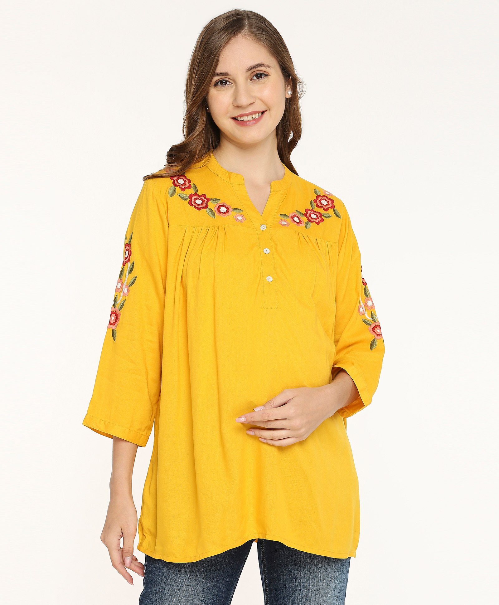Bella Mama Woven Three Fourth Sleeves Floral Embroidered Maternity Top - Mustard-image-43