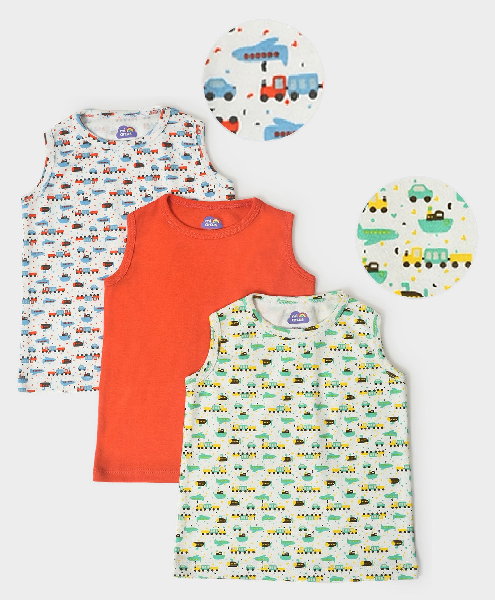Mi Arcus  Cotton Sleeveless Vehicle Printed T-Shirts Pack of 3 White Orange & Green-image-11