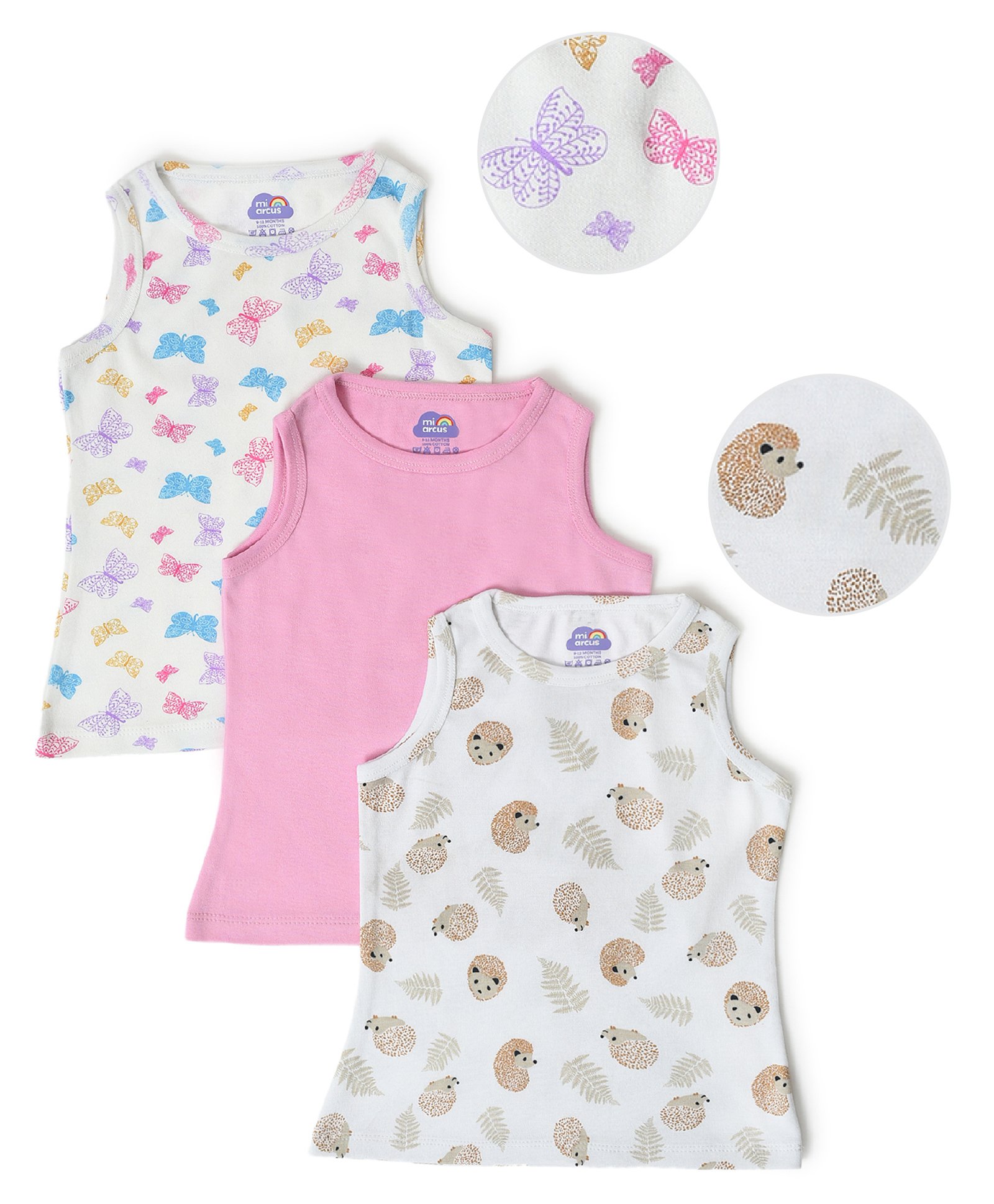 Mi Arcus Baby Girl Cotton Sleeveless All Over Butterfly & Raccoon Print Tank Top Pack of 3 White & Pink-picture-34