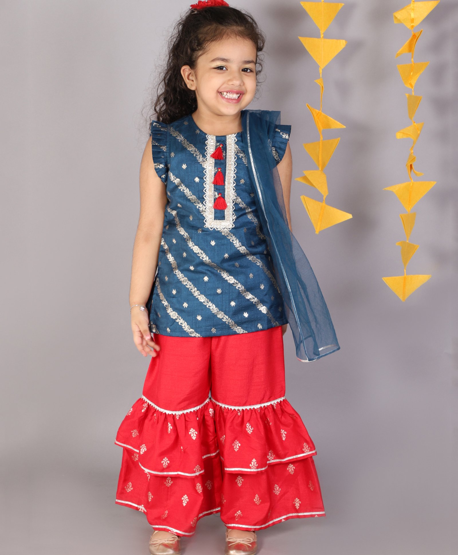Lil Drama Sleeveless Motif Foil Printed Lace Embellished Kurta Sharara & Dupatta Set -  Blue &  Red-image-45