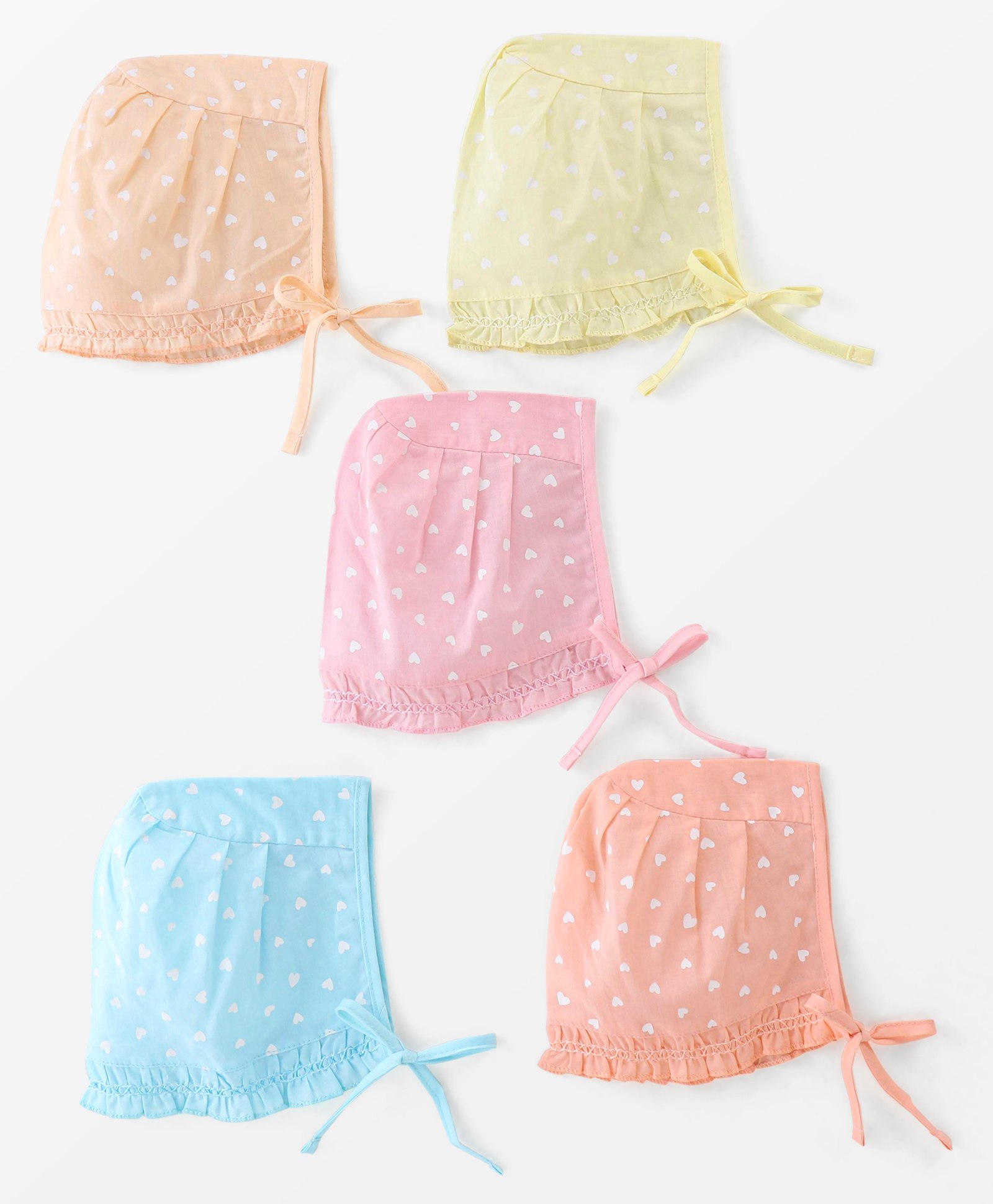 Babyhug 100% Cotton Woven Tie Knot Cap Heart Print Pack of 5 Multicolour - Diameter 11 cm-picture-26