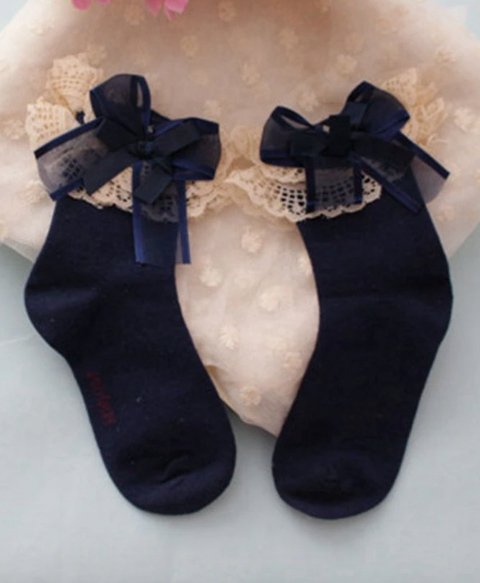 Flaunt Chic Bow & Floral Lace Low Knee Ankle Socks  - Navy Blue-picture-37