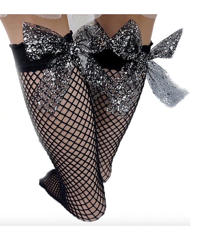 Flaunt Chic Shimmery Bow Applique Calf Length Socks - Black-picture-14