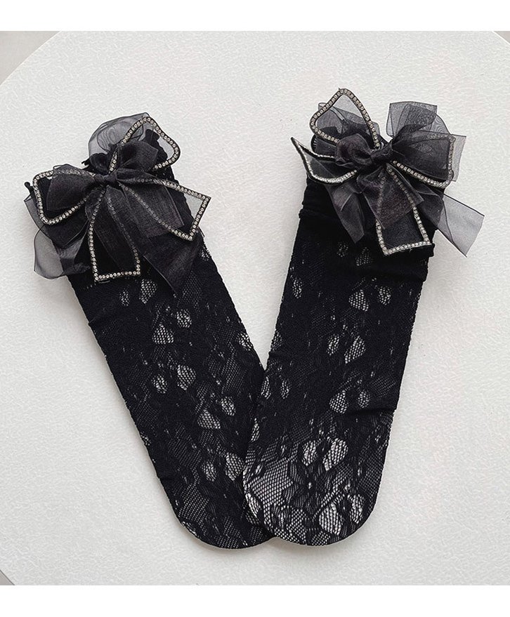 Flaunt Chic Pearl Detailed Bow Embellished Calf Length Lace Socks - Black-image-14
