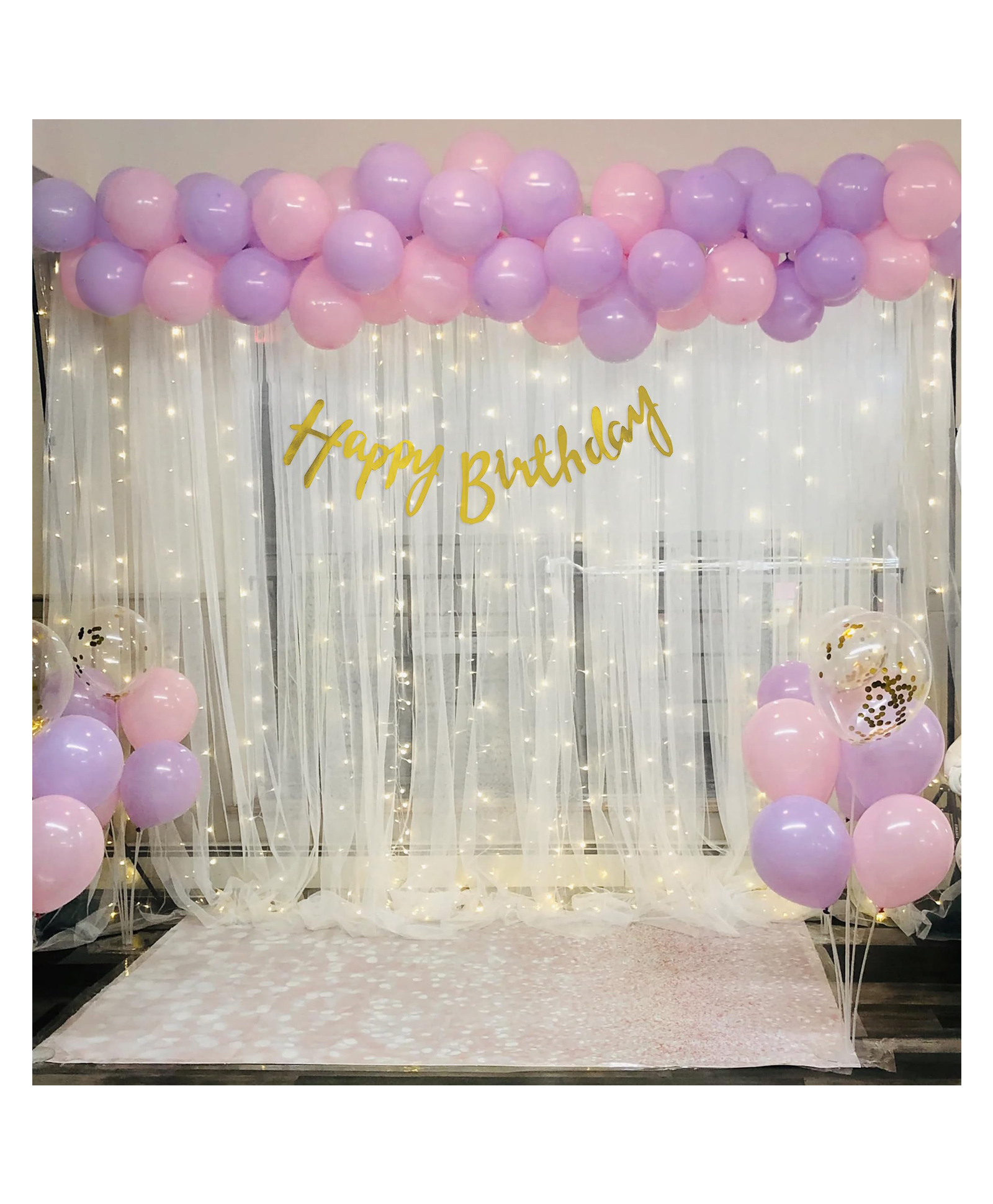 Puchku Birthday Decorations For Girls White Net Curtain Cloth & Fairy Lights Pink & Purple Balloons - 58 Pieces-picture-14