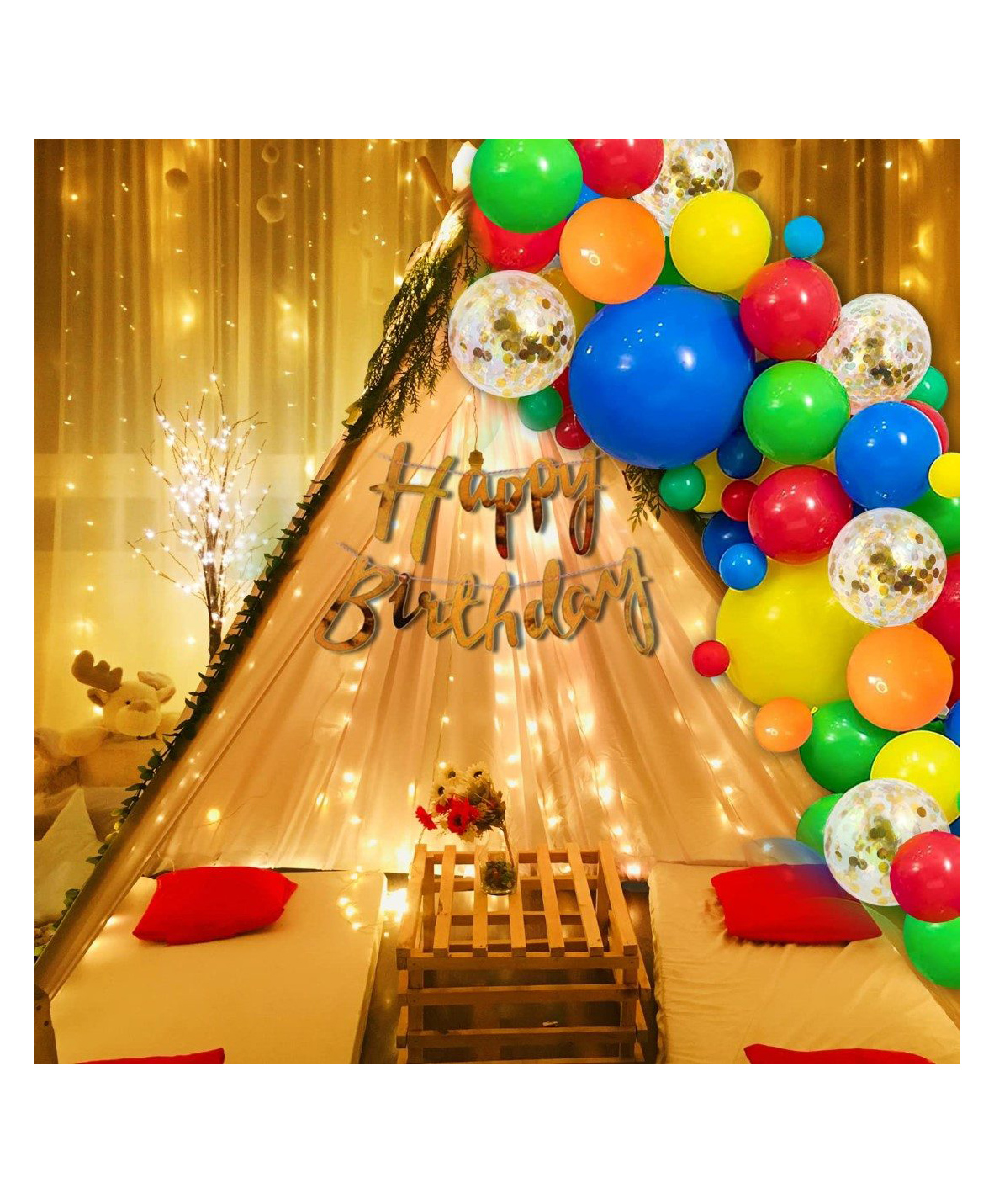 Decoration Items For Birthday Combo White Net Led Fairy Lights Golden Confetti - 26 Pieces-image-23