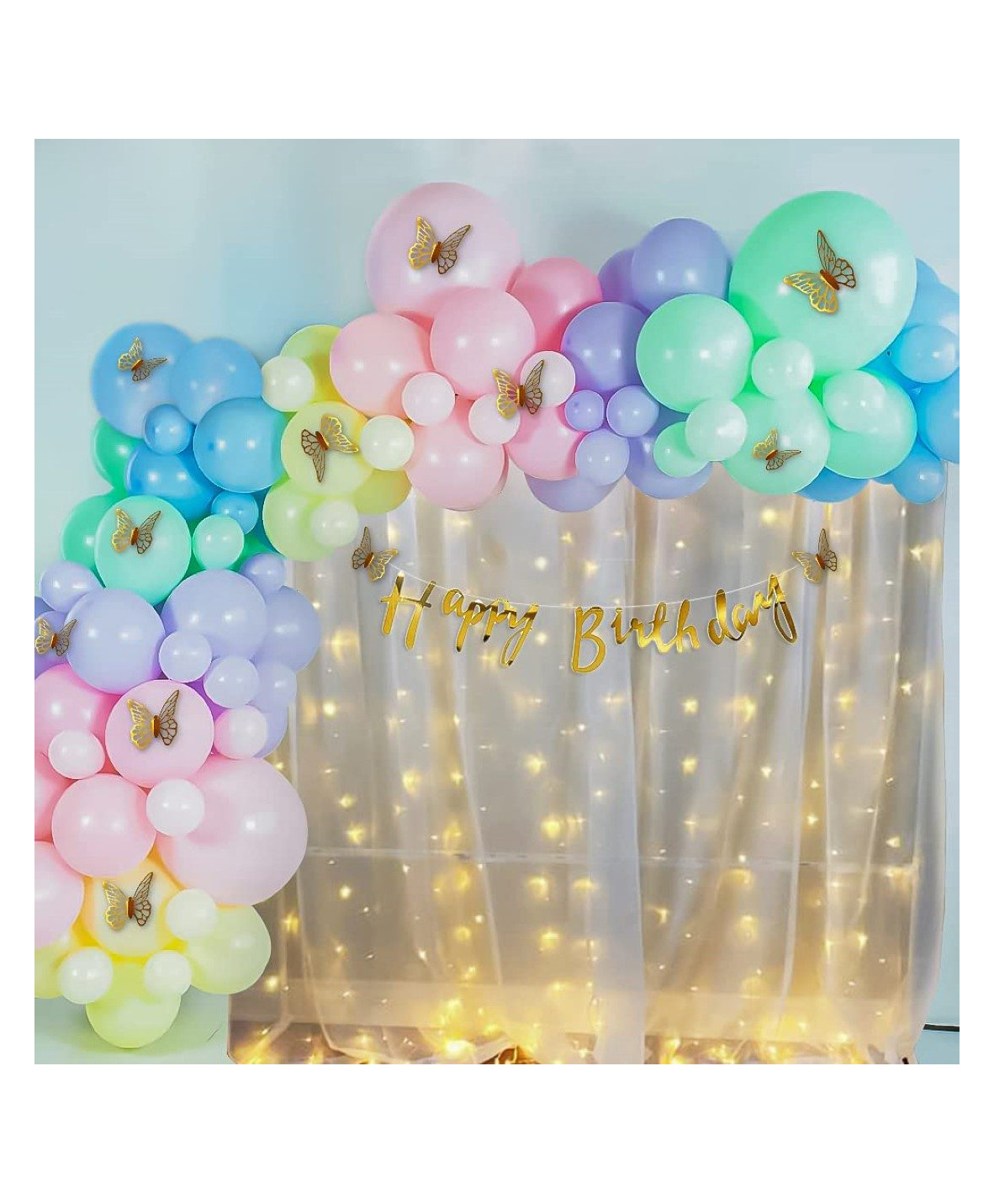 Puchku Pastel Rainbow Butterfly Theme Birthday Party Decorations Combo Kit White Net Curtain Cloth With Fairy Lights -  81 Pieces-image-13