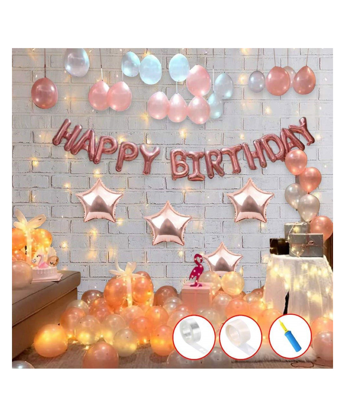 Puchku  Birthday Decoration Kit Star Foil Balloons LED light & Pump Rose Gold - Pack of 78-picture-17