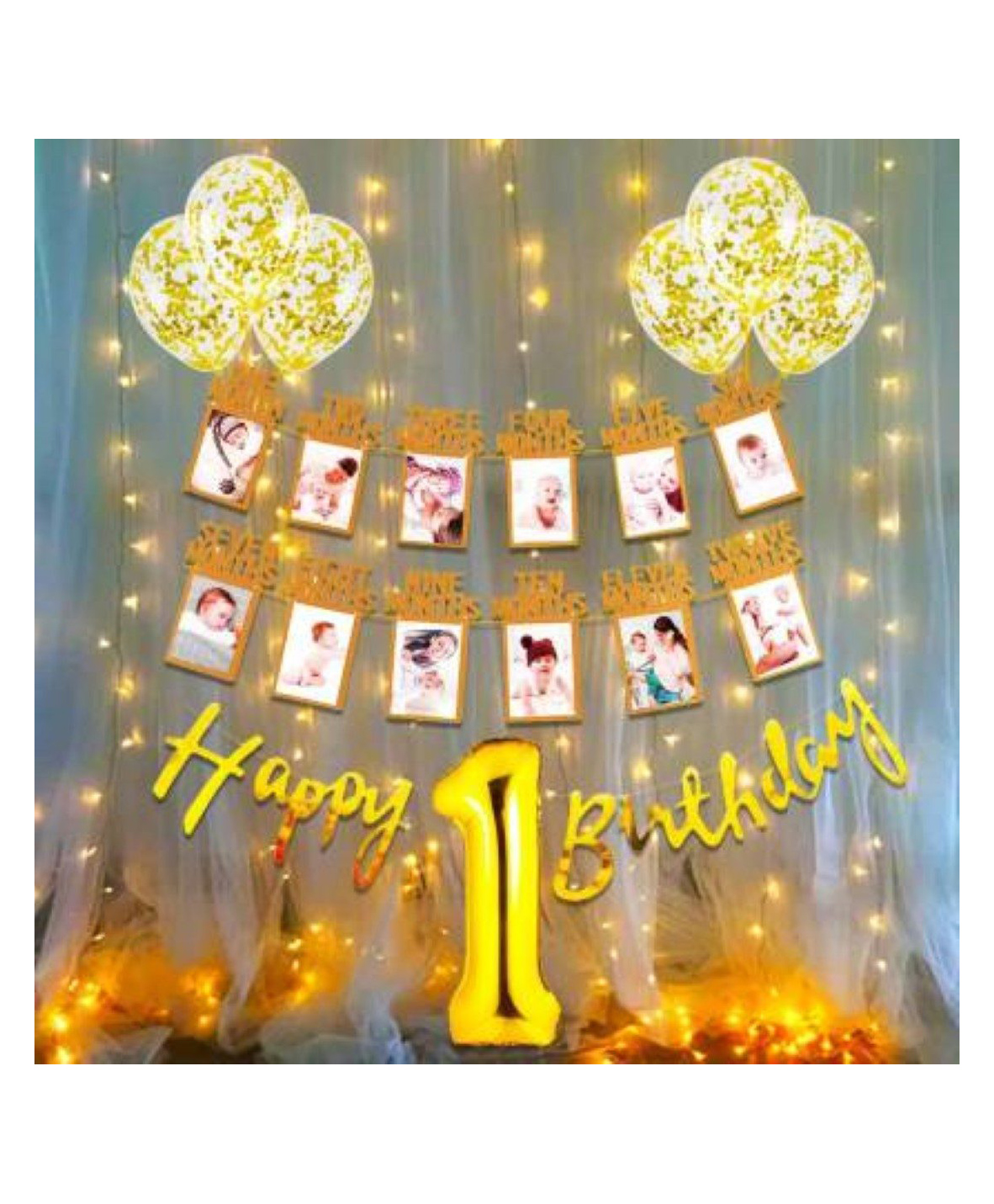 Puchku 1st Birthday Decorations Kit for Baby Girl Or Boy Kids with Warm Led Light - Pack of 14-image-34