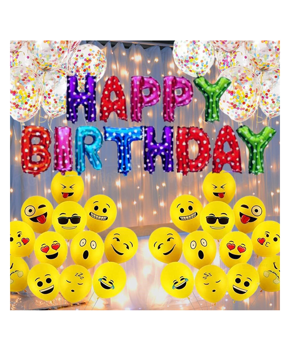 Happy Birthday Decoration Kit Combo Set Emoji Smiley Balloons Fairy LED Light Polka Dot Bday Foil Curtains Girls Boys Kids Home Party First Multicolor - Pack Of 58-image-44