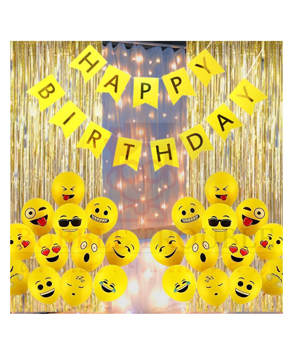 Happy Birthday Decoration Kit Combo Set Emoji Smiley Balloons Fairy LED Light Foil Curtains Banner Girls Boys Kid Yellow Gold  - Pack Of 54-image-45