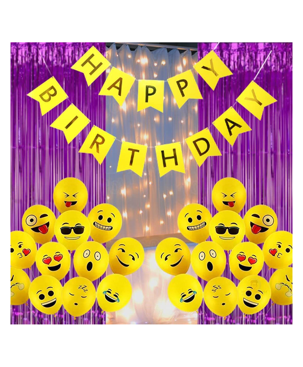 Happy Birthday Decoration Kit Combo Set Emoji Smiley Balloons Fairy LED Light Foil Curtains Banner Girls Boys Kid Yellow Purple  - Pack Of 54-image-20