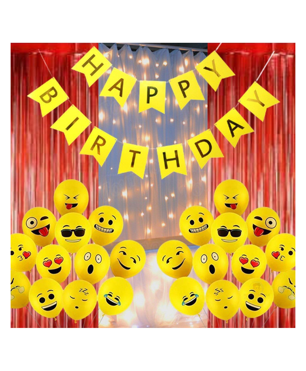Puchku Printed Mix Emoji Latex Smiley Balloons with Fringe Foil Curtains Led Light banner For Decoration Yellow - Pack of 54-image-47