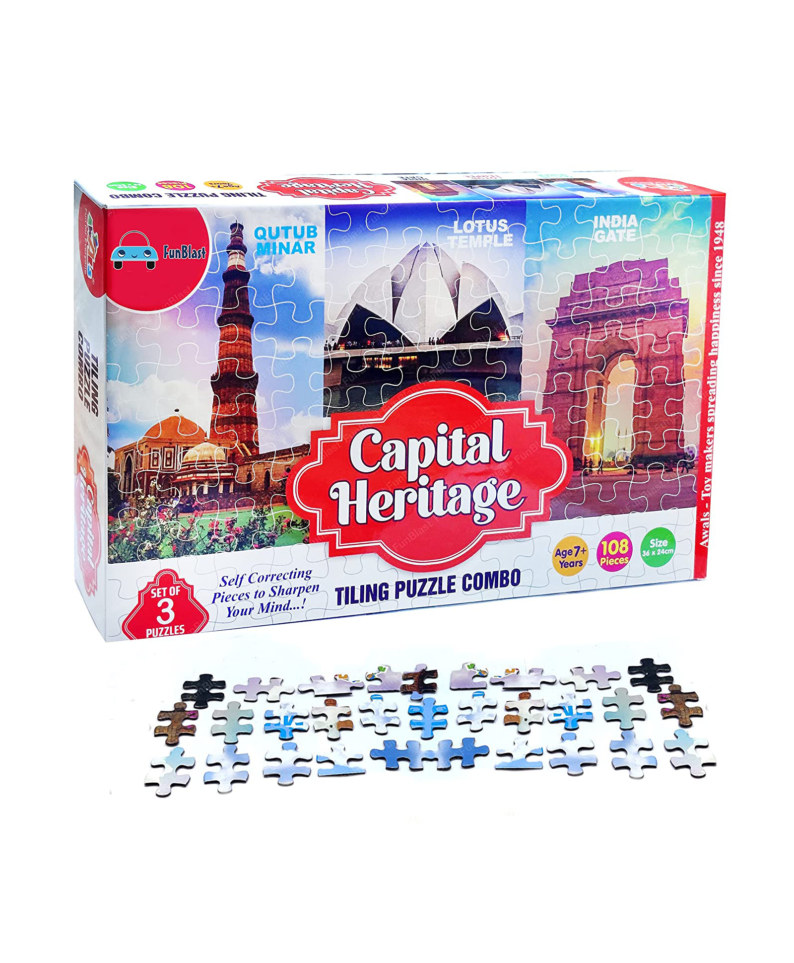 FunBlast Jigsaw Puzzles for Kids Capital of India Puzzles Set of 3 Multicolor- 108 Pieces-image-1