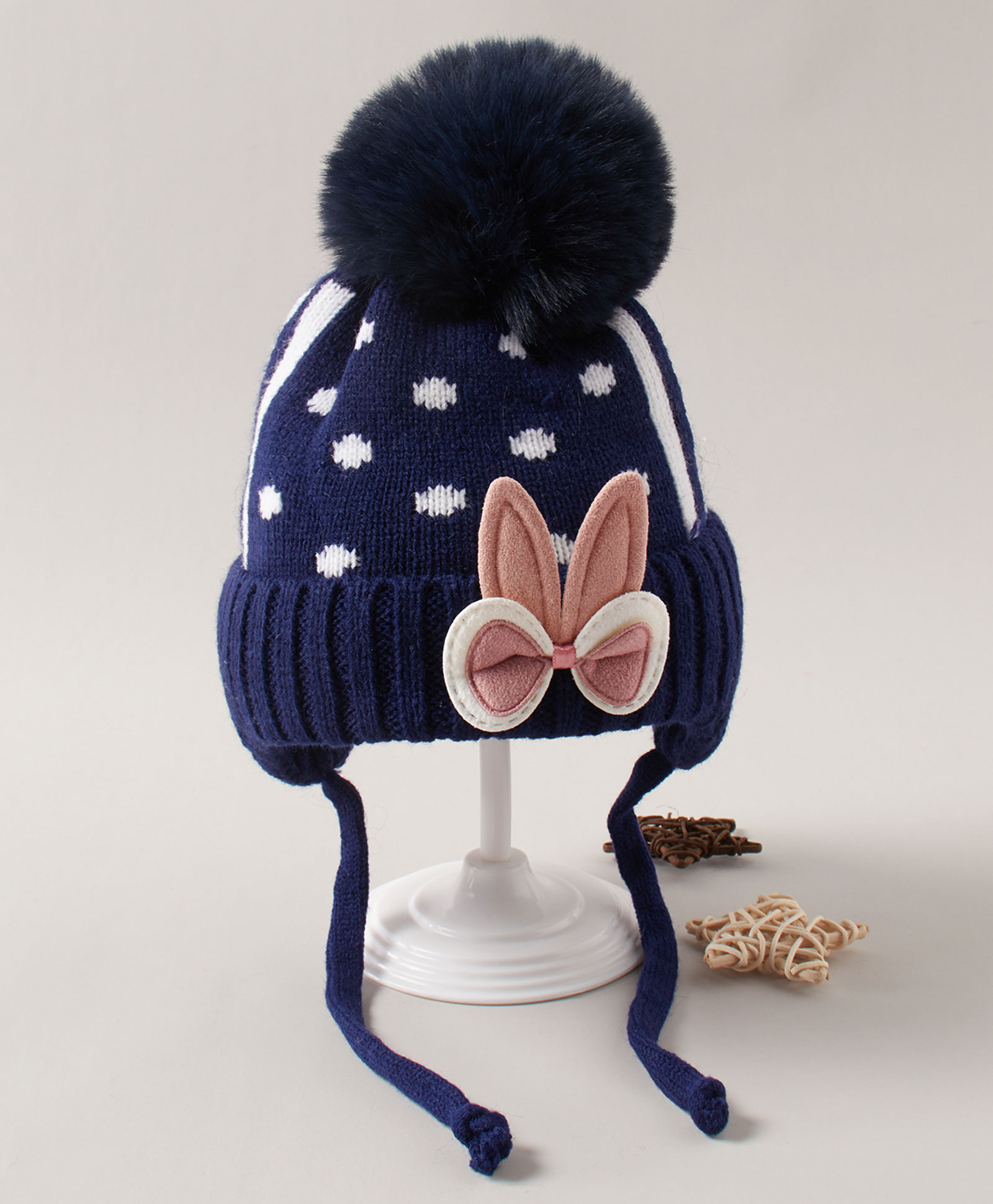 Babyhug Pom POm Acrylic Woollen Polka Dotted Cap with Knot Medium Size - Navy Blue-image-49