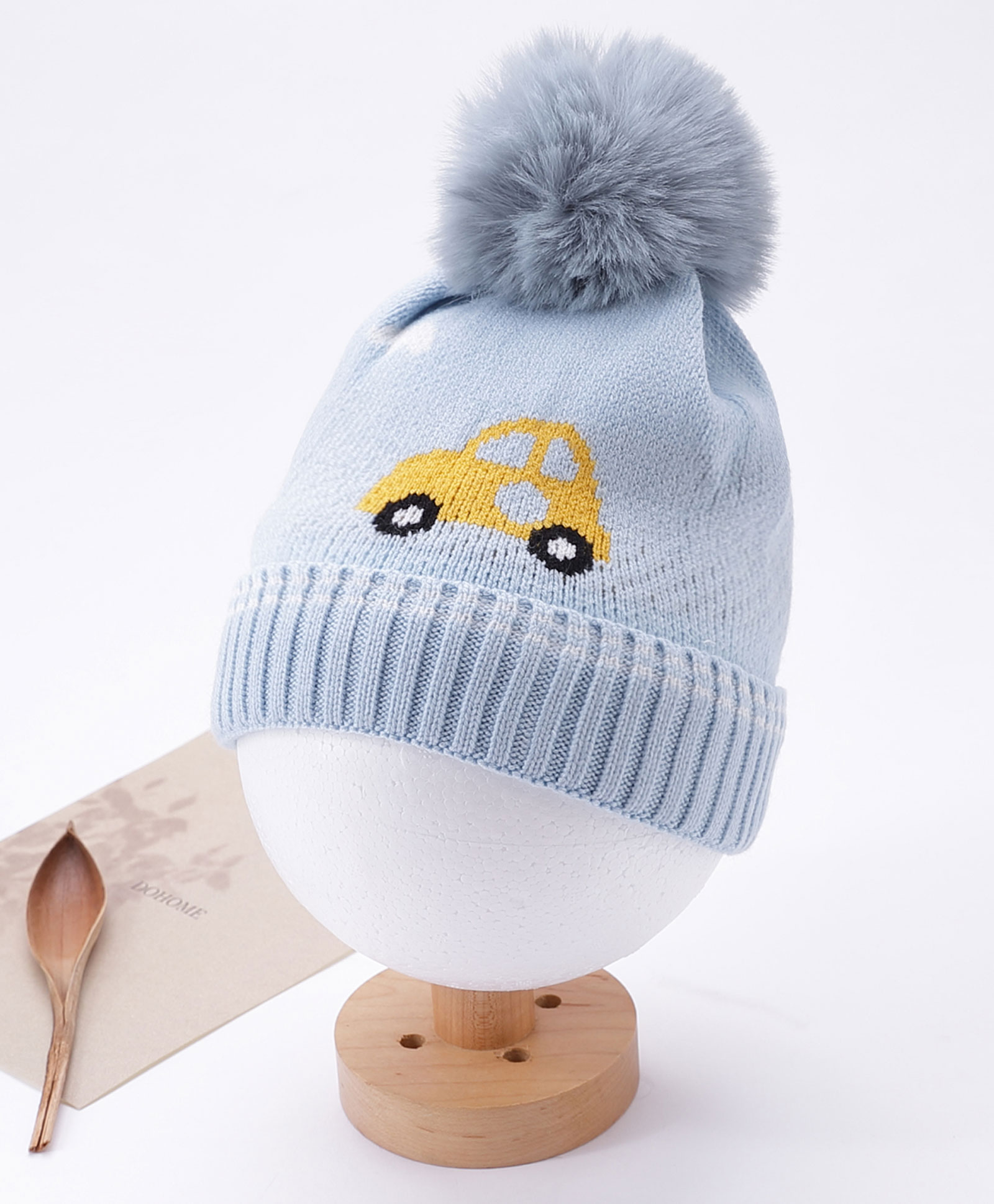 Babyhug Pom Pom Acrylic Woollen Cap Car Design Large Size - Blue