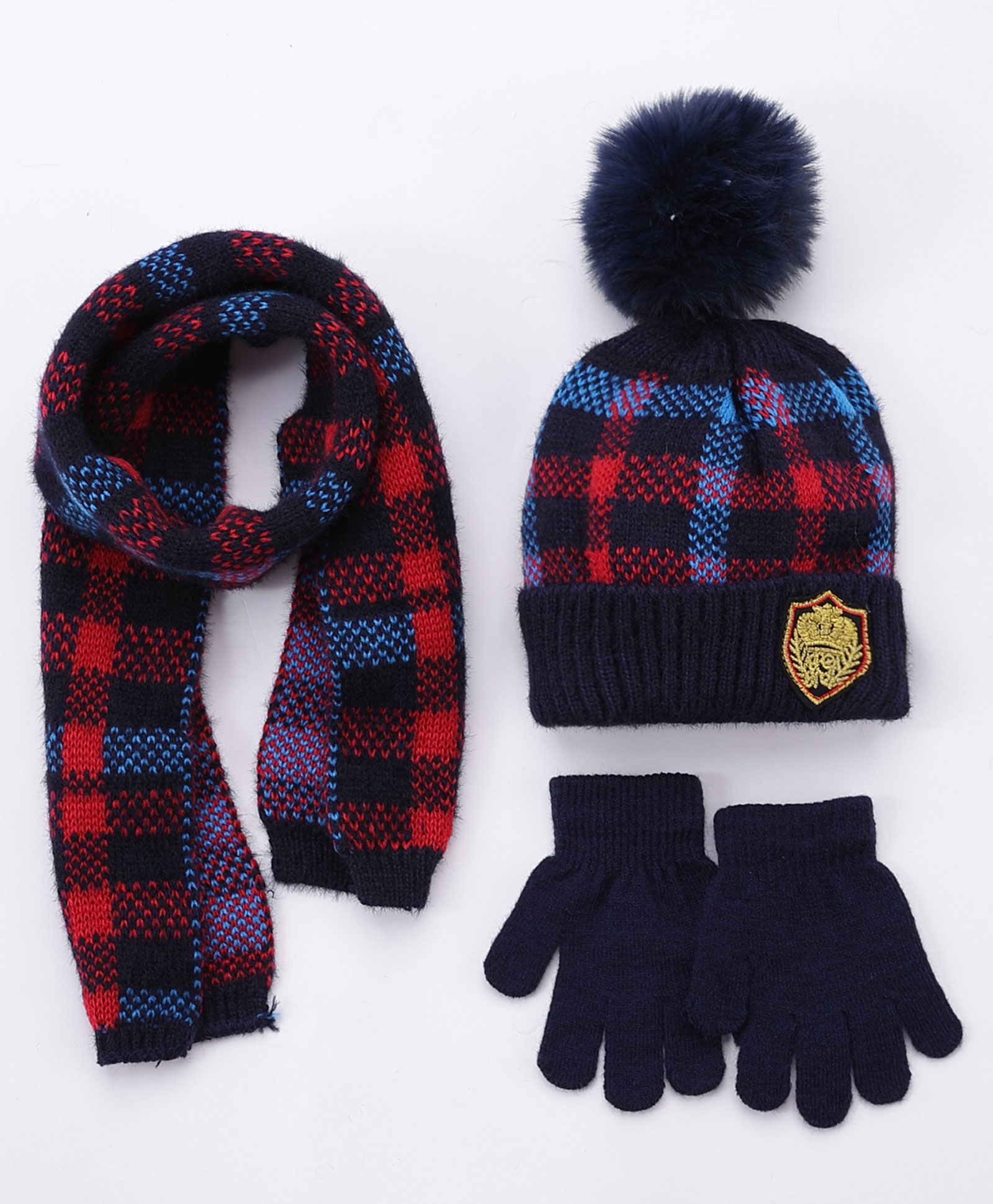 Babyhug Pom Pom Acrylic Woollen Checked Cap Gloves and Muffler Set Small Size - Blue-image-31