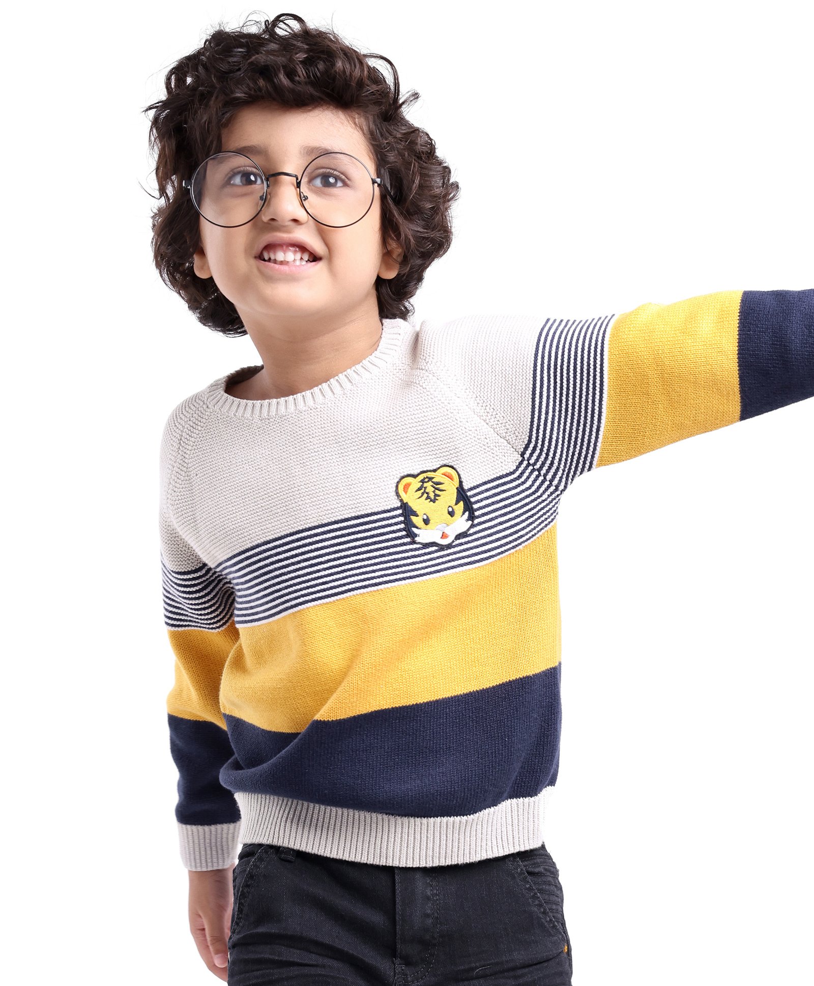 Babyhug Knit Full Sleeves Sweater Stripes Design With Tiger Patch- White Yellow & Blue-image-33