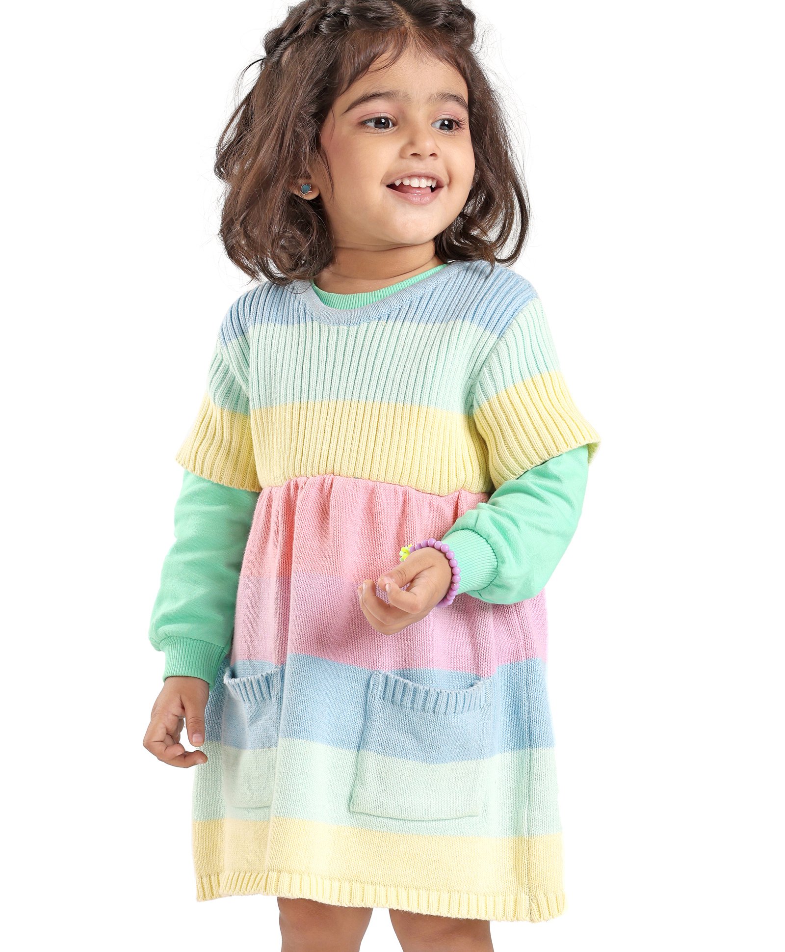 Babyhug Half Sleeves Striped Woollen Dress Cable Knit Design- Blue Pink & Yellow-image-40