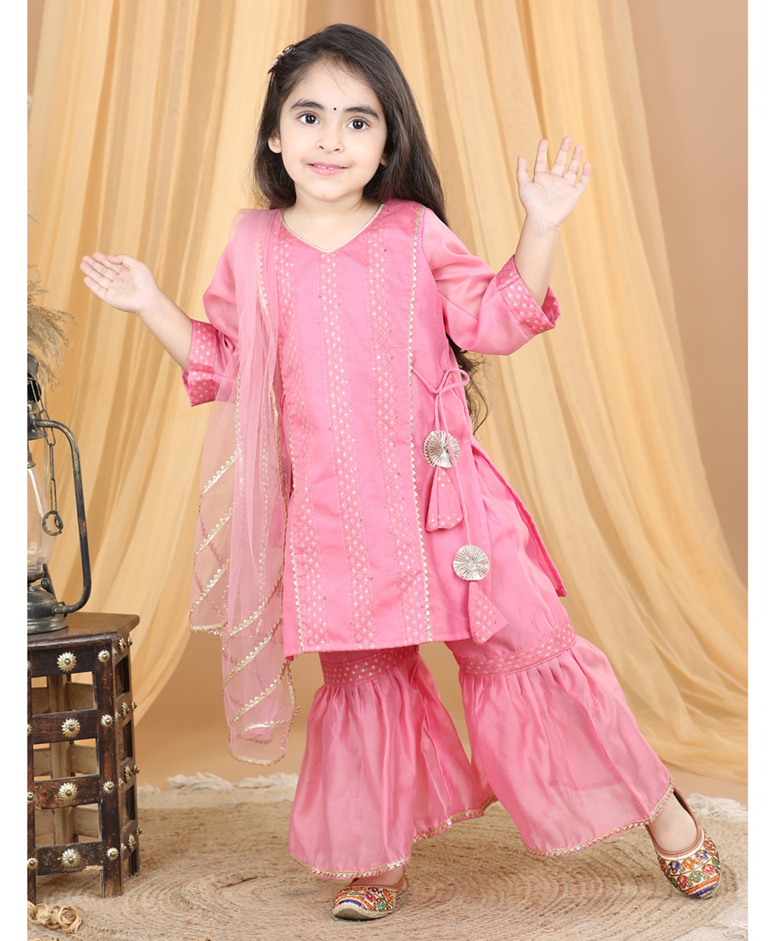 Kinder Kids Full Sleeves Gota Lace Embellished & Motif Detailed Embroidered Side Tie Up Kurta With Coordinating Sharara & Dupatta - Pink-image-49