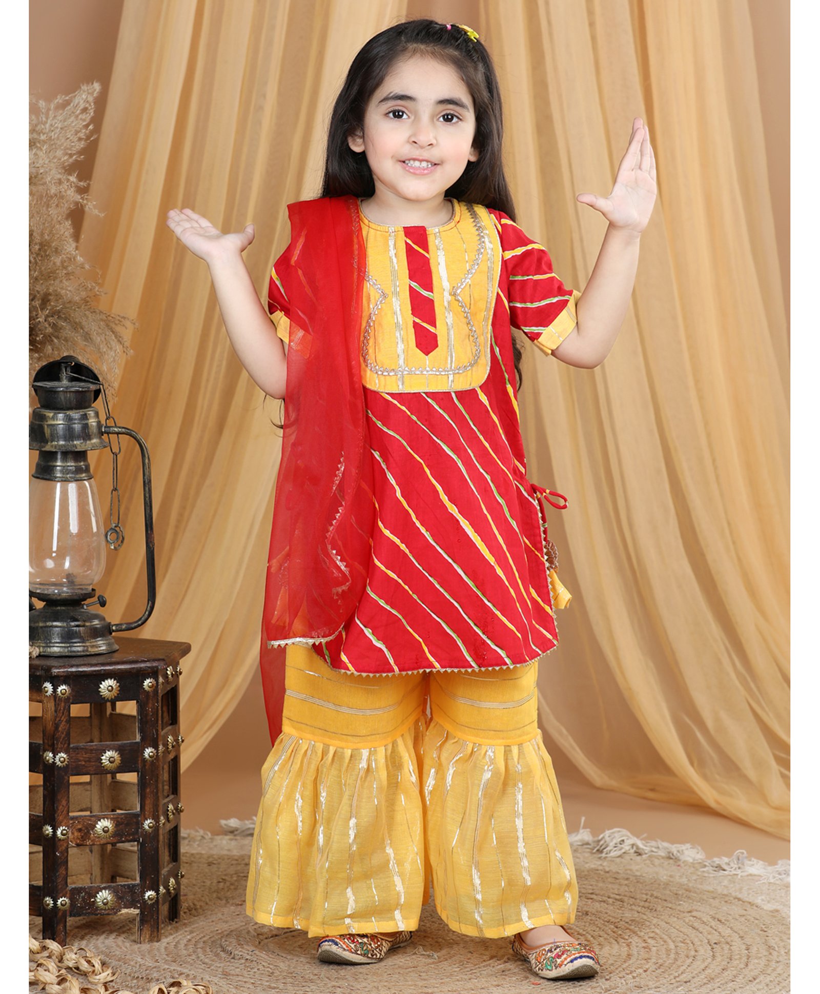 Kinder Kids Half Sleeves Leheriya Printed Lace Detailed Kurta Sharara With Dupatta - Red Yellow-image-36