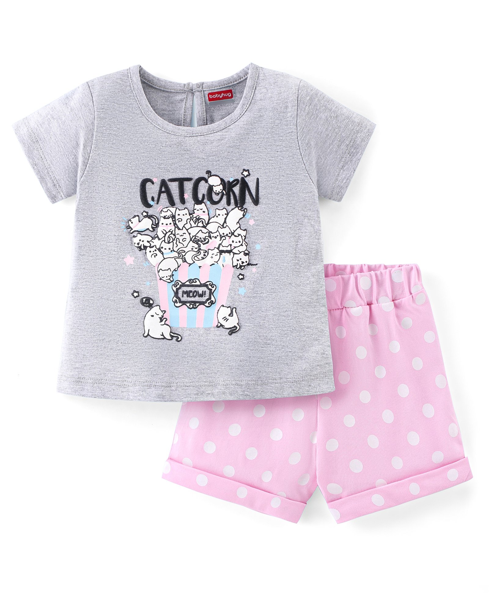 Babyhug Cotton Knit Half Sleeves Night Suit with Kitty Print - Grey Melange & Pink-image-26