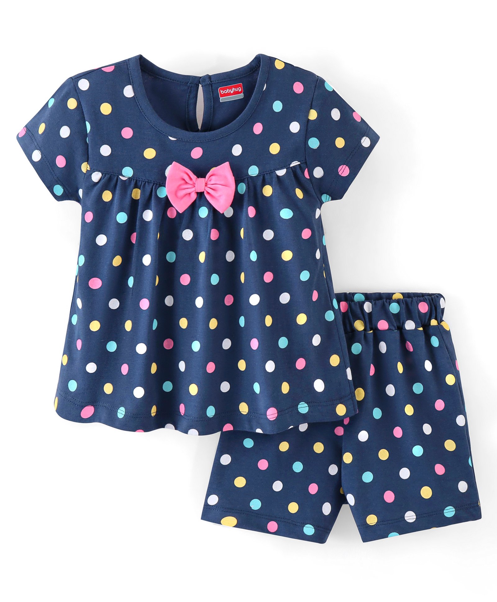 Babyhug Cotton Knit Half Sleeves Night Suit with Bow Applique & Polka Dots Print- Navy-image-30