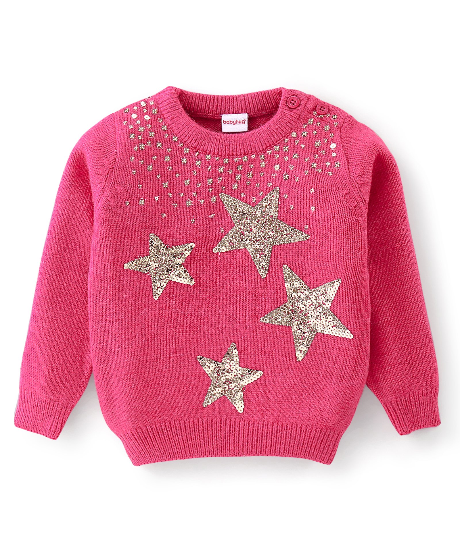 Babyhug Full Sleeves Pullover Sequined Star Design - Fushia-image-40