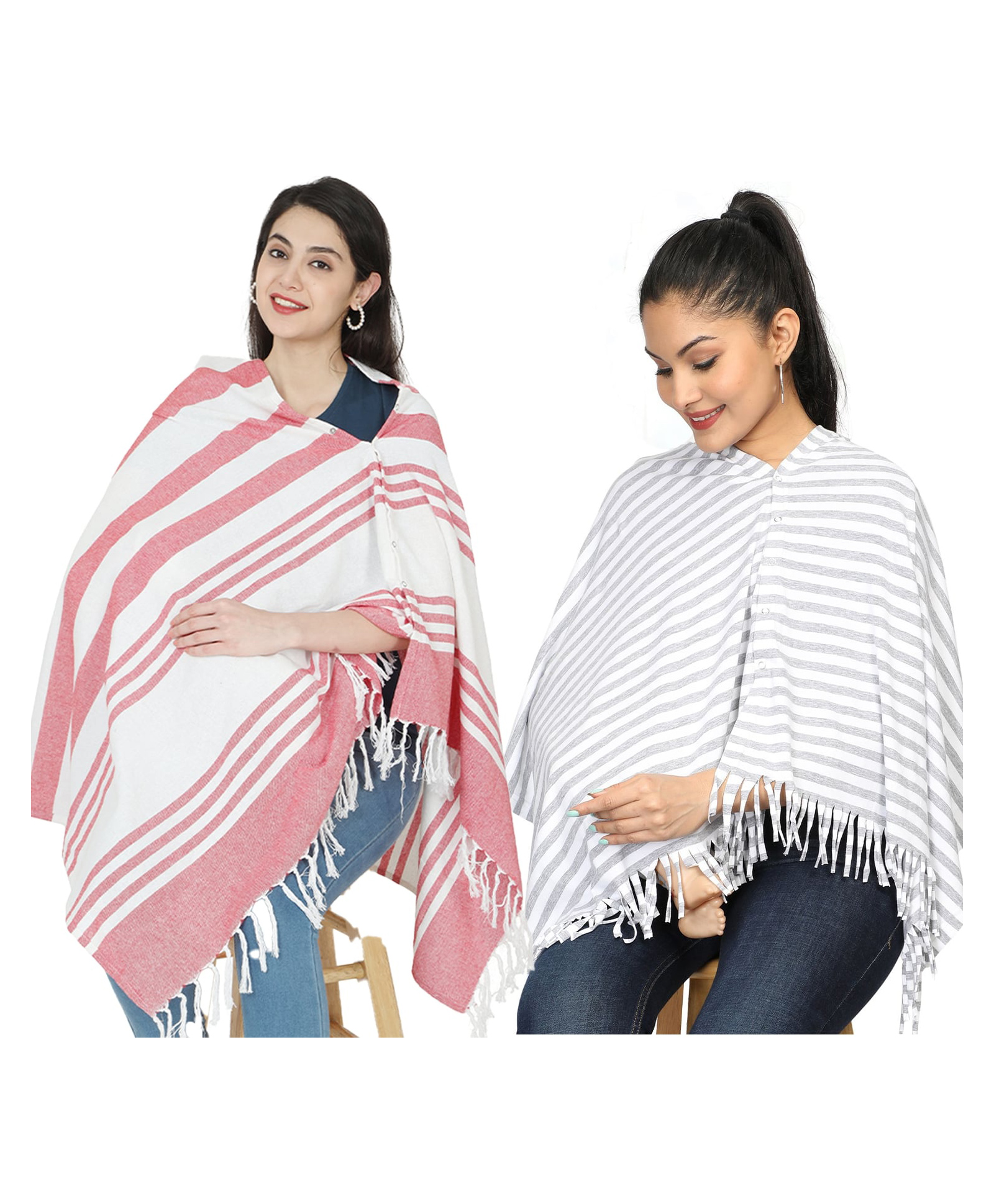 Nene Mother's Multi-Purpose Large Size Nursing Feeding Scarf Wrap Stole Stripes Pack of 2 - Red & Grey-image-42
