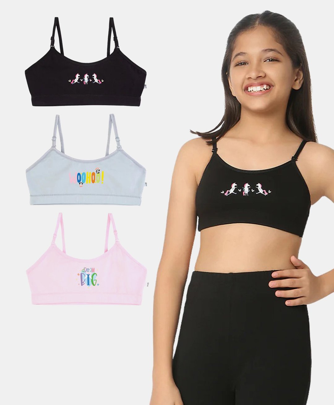 Plan B 95% Cotton 5% Elastane Pack Of 3 Wooohooo Unicorn Dream Big Printed Training Bras - Black Pink Grey-picture-37