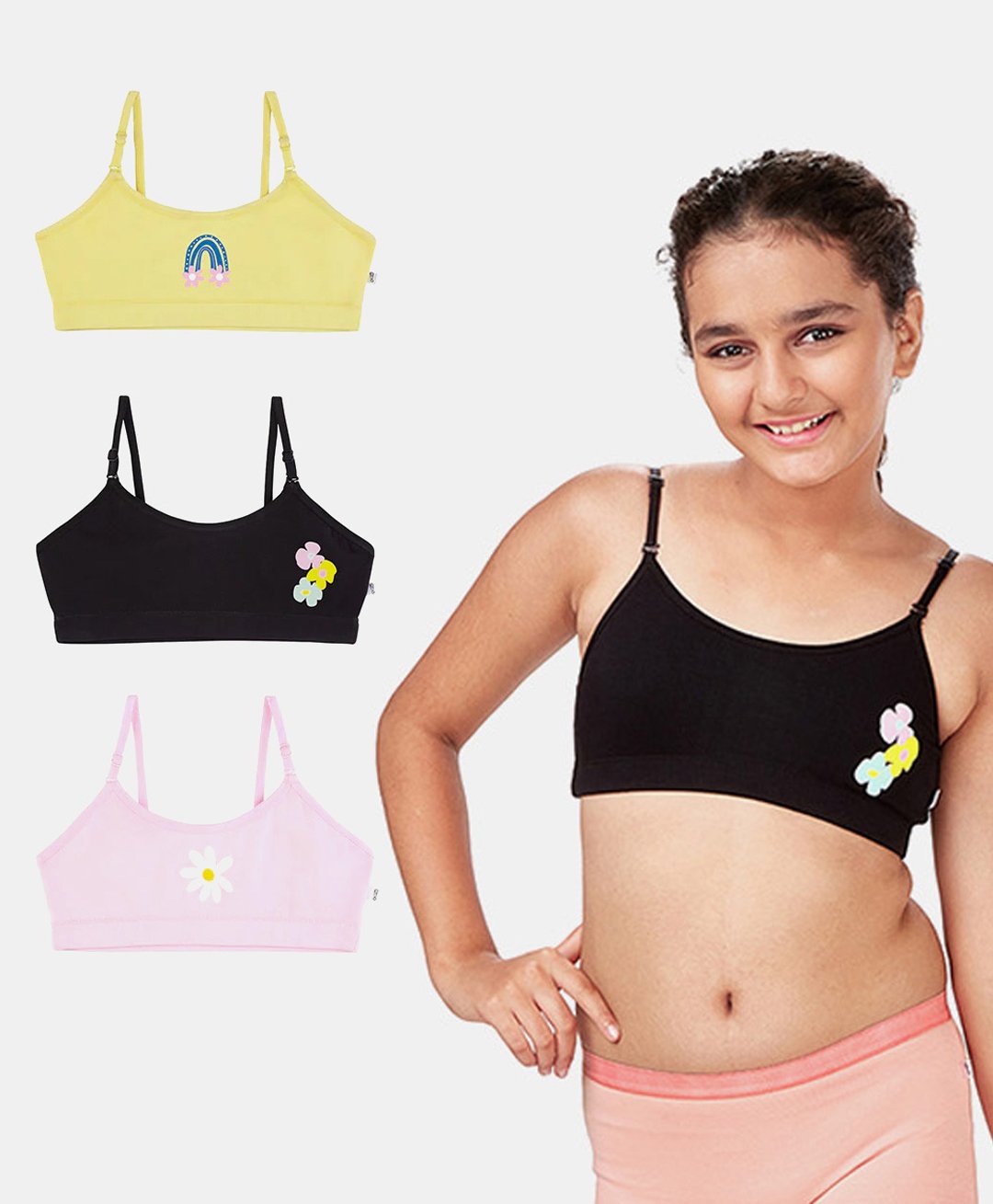 Plan B 95% Cotton 5% Elastane Pack Of 3 Flower Rainbow Printed Training Bras - Black Yellow Pink-picture-15