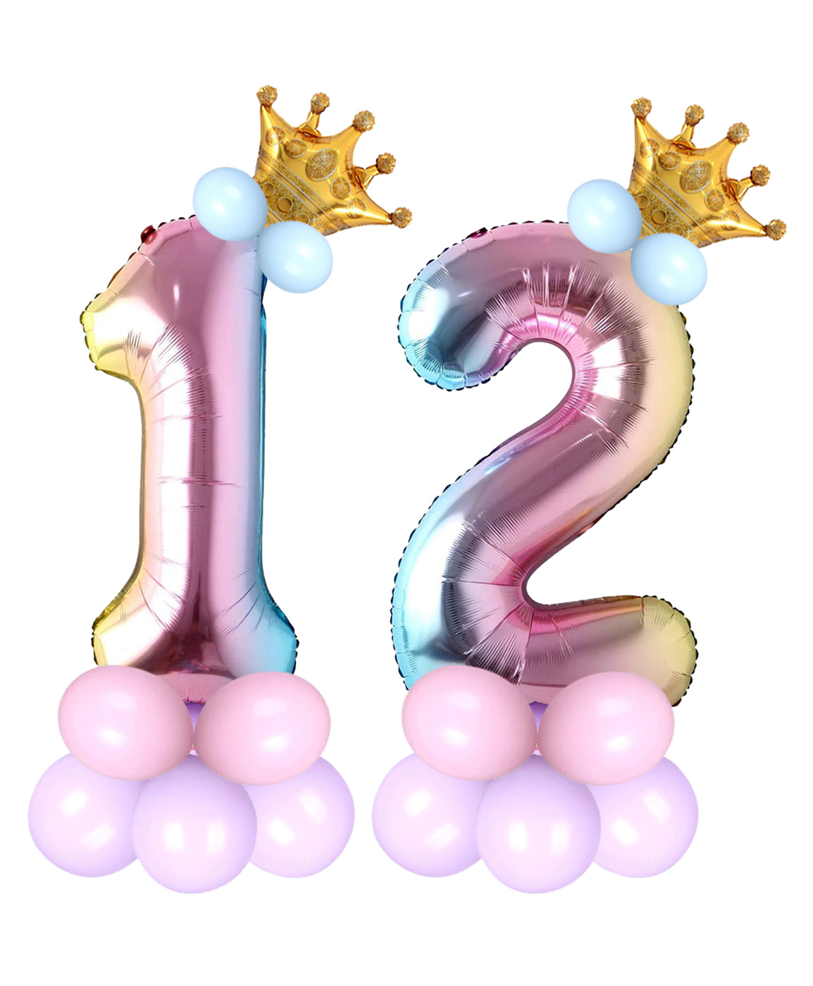 Shopperskart Twelve Number Rainbow Theme 32 Inch Foil Crown & Balloons Helium Quality For Birthday Party Decoration - Multicolor-image-43