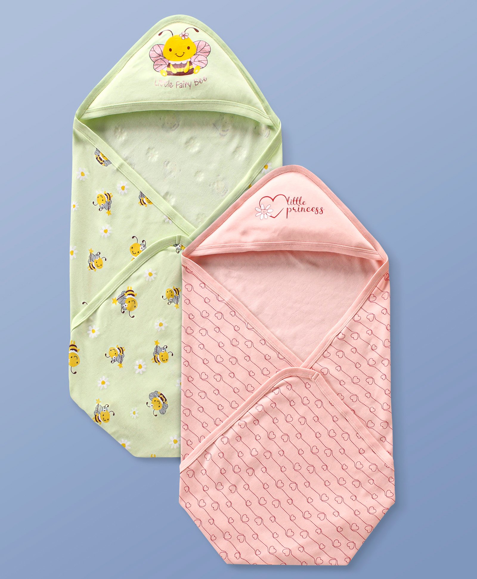 Babyoye Eco-Conscious Cotton Eco Jiva Honey Bee Printed Hooded Wrappers Pack of 2 - Pink & Green-image-27