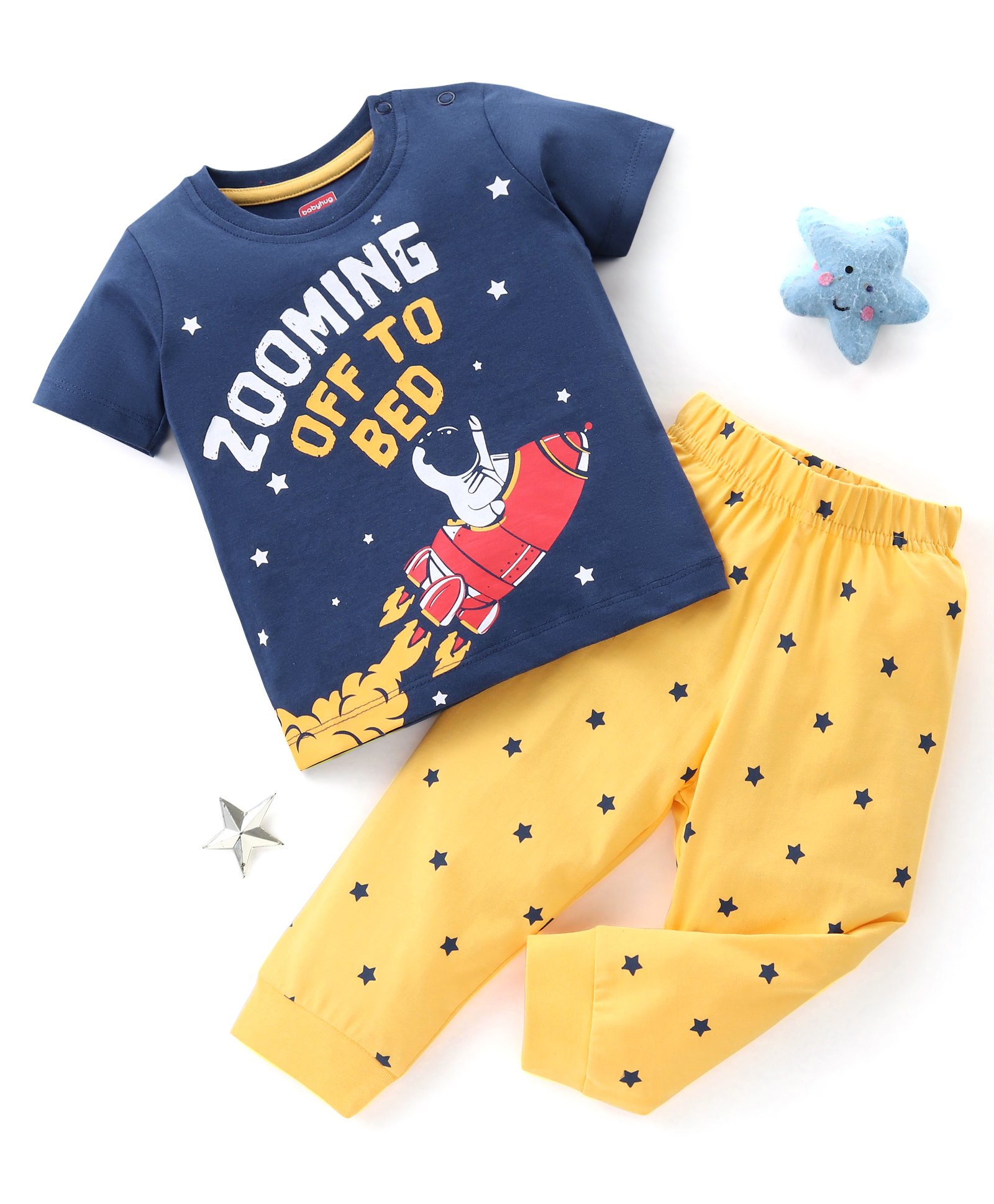 Babyhug Cotton Knit Half Sleeves Night Suit Star Print - Navy Blue & Yellow-image-37