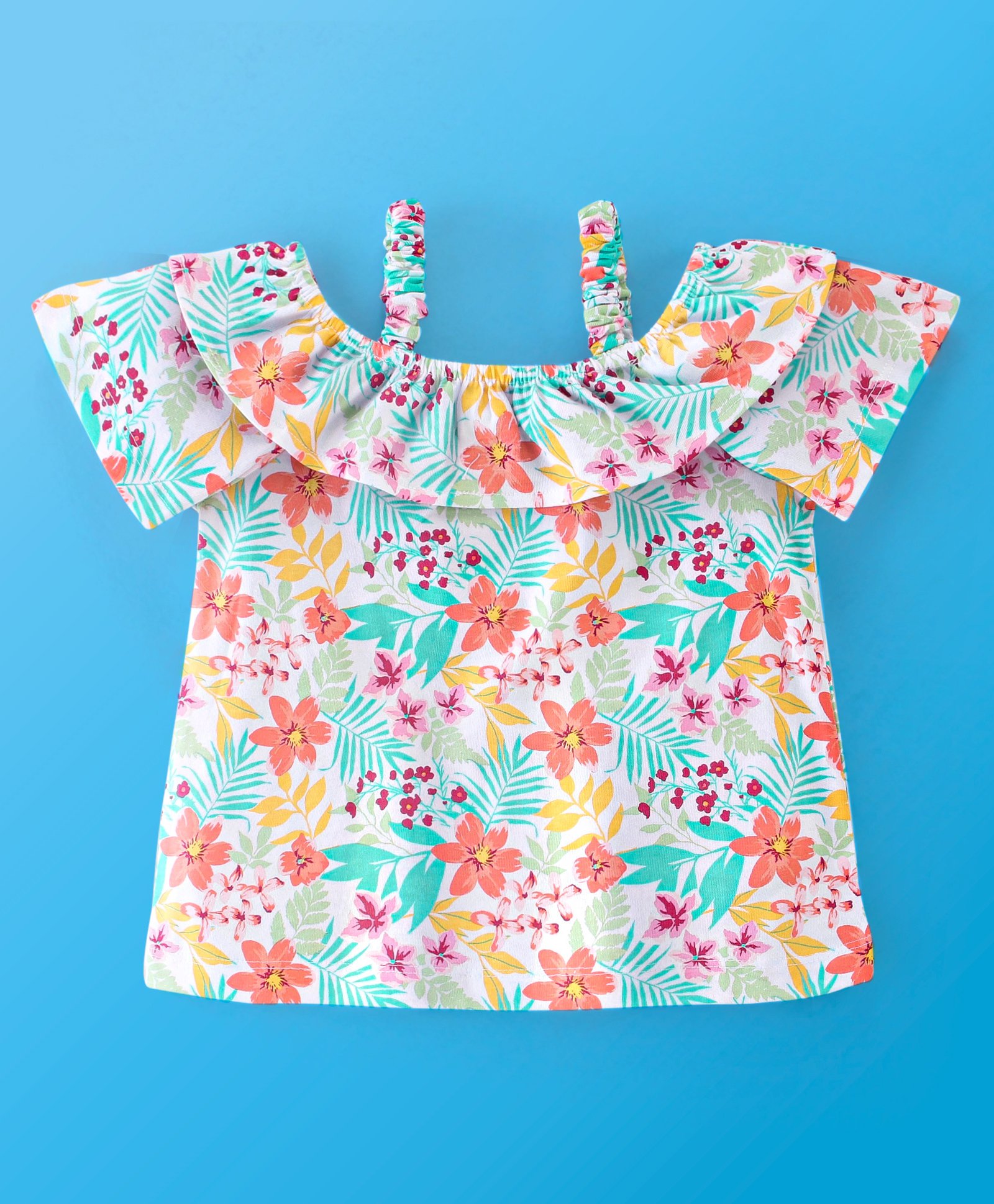 Babyhug 100% Cotton Knit Half Sleeves Off Shoulder Top Floral Print - Multicolour-image-19