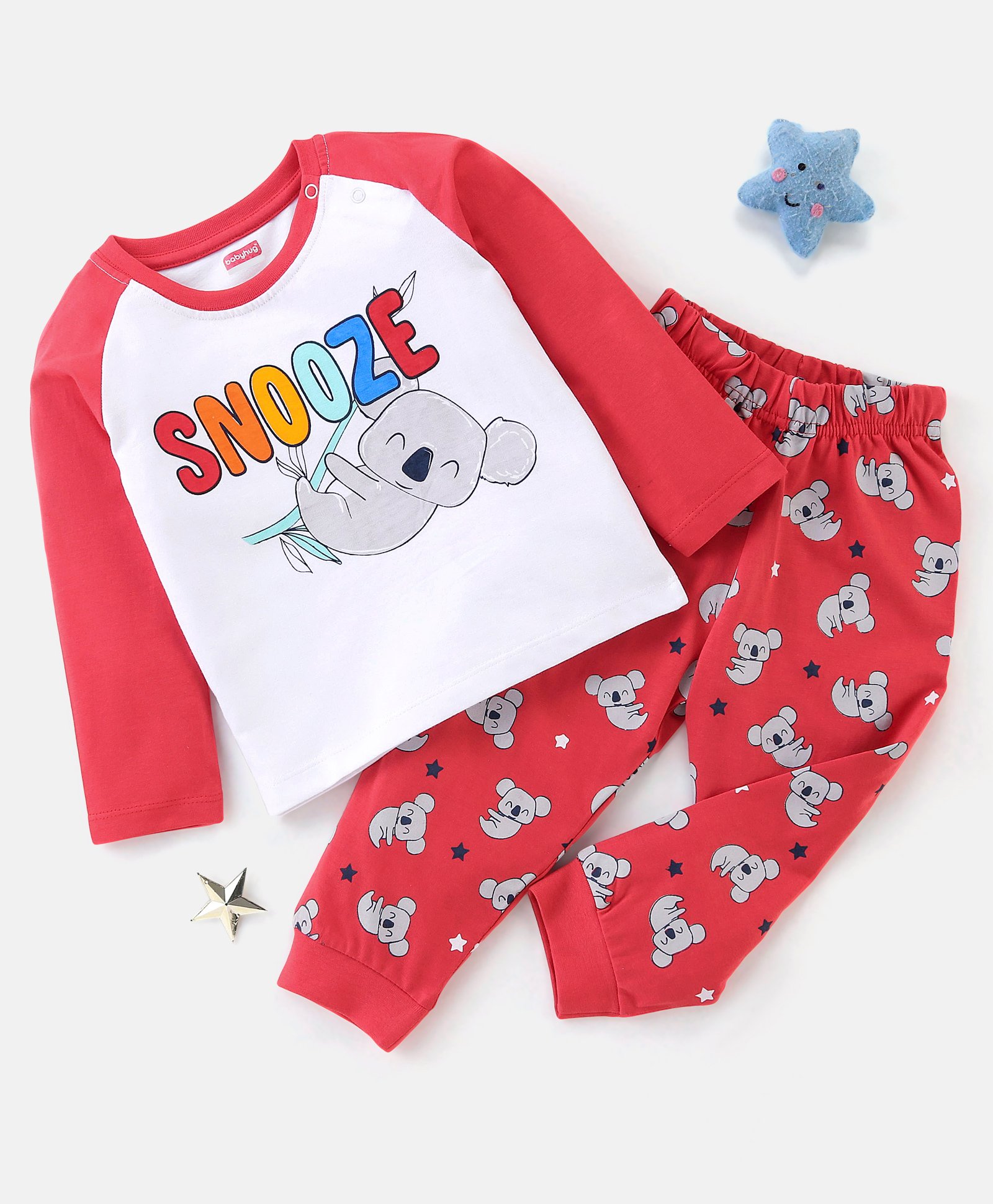 Babyhug Cotton Knit  Raglan Sleeves Koala Printed Night Suit - Red-image-21