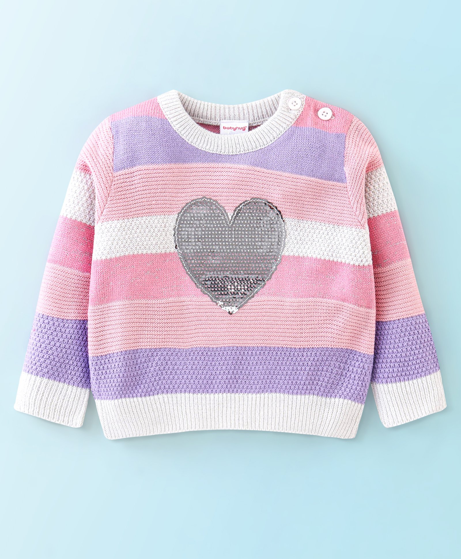 Babyhug Knit Full Sleeves Sweater Stripes Design With Heart Sequin Detailing- White Pink & Purple-image-38