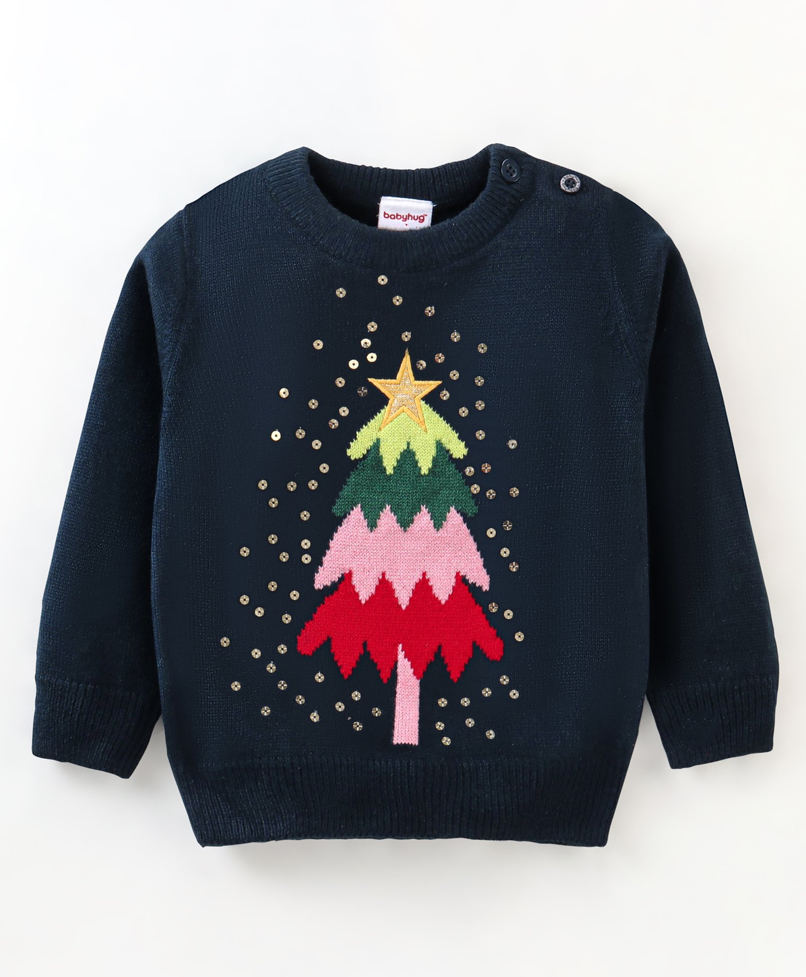 Babyhug Knit Full Sleeves Sweater Christmas Tree Design With Sequin Embroidery- Navy Blue-image-24