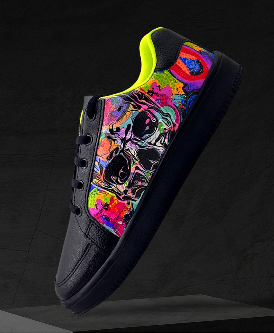 KazarMax Black Doom Graffiti Art Printed Laced Up Trainers Sneakers - Black-image-8