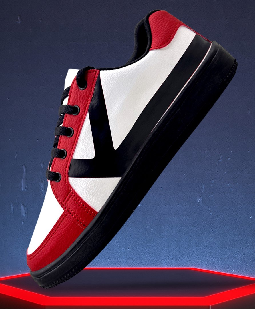 KazarMax Colour Blocked Laced Up Trainers Sneakers - White & Red-image-6