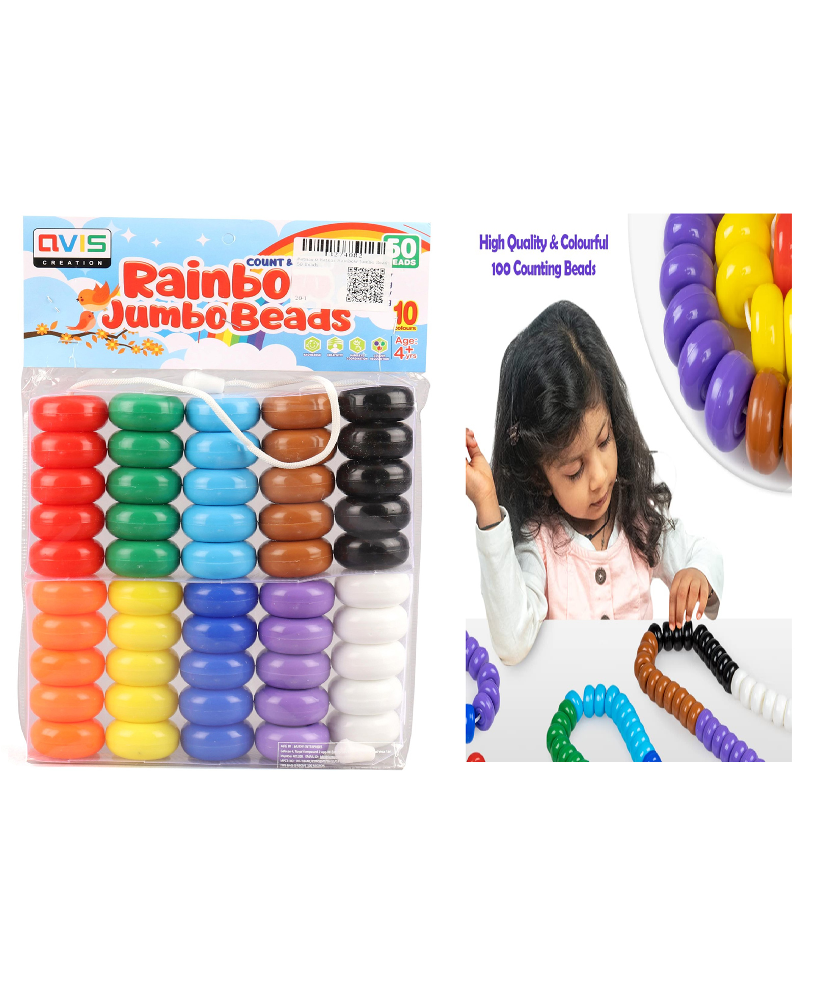 Ratnas Count & Learn Rainbow Jumbo Beads Pack of 50 - Multicolour-image-3