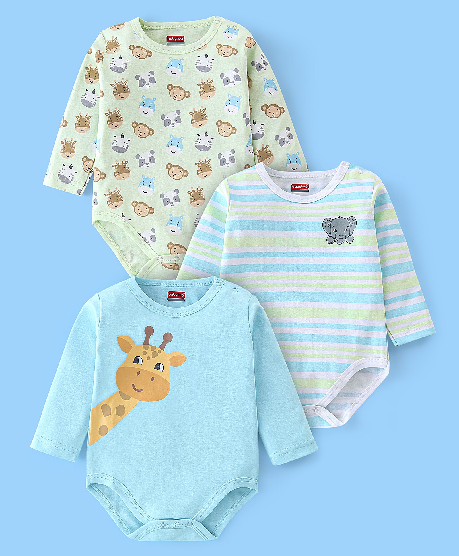 Babyhug 100% Cotton Half Sleeves Onesies Striped And Wild Animals Print Pack Of 3 - Blue & Green-picture-23