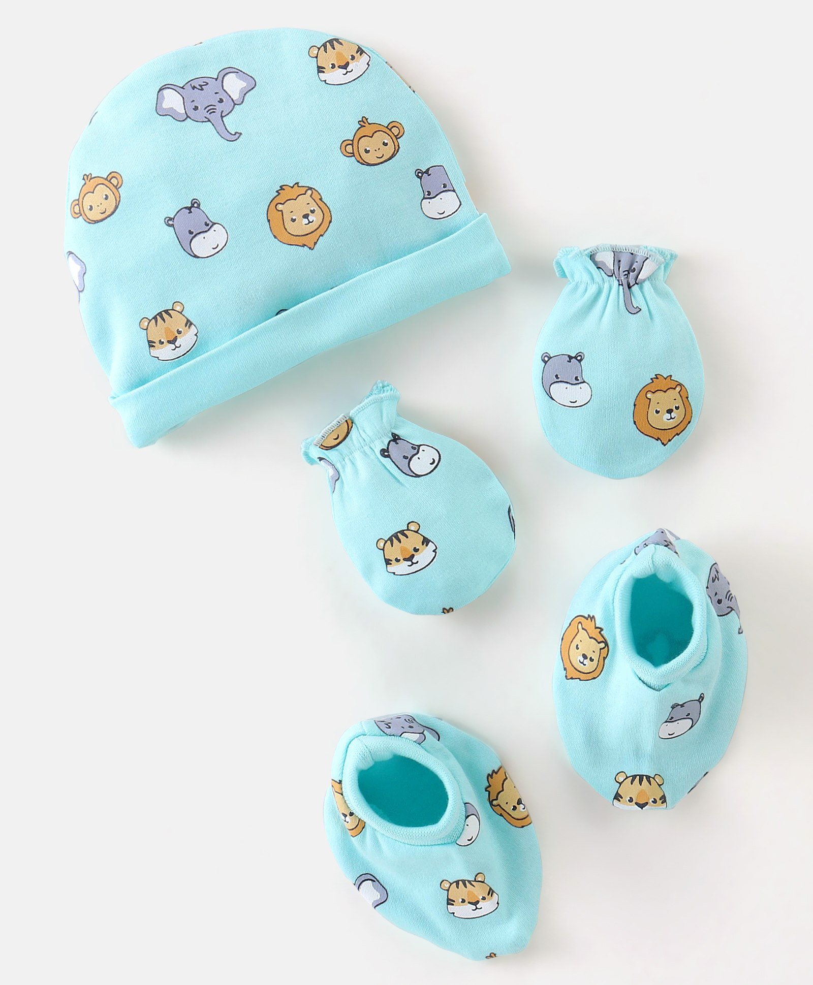 Babyhug 100% Cotton Knit Cap Mitten & Booties Set Lion Print Blue - Diameter 10.5 cm-image-31
